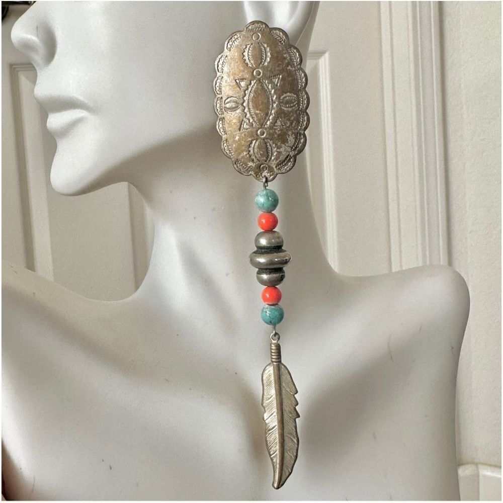 Silver tone long beaded feather earrings